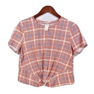 H&M Red and White Checkered Knot-Front Tee